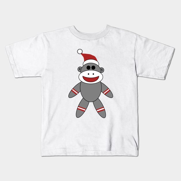 Cute Sock Monkey With Santa Hat Christmas on Blue Kids T-Shirt by OrchardBerry